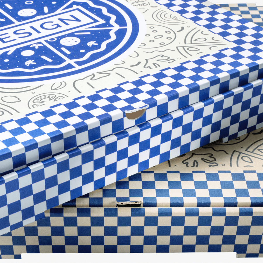 Einseitig vollfarbig bedruckte Pizzakartons aus Wellpappenkarton in unterschiedlichen Größen