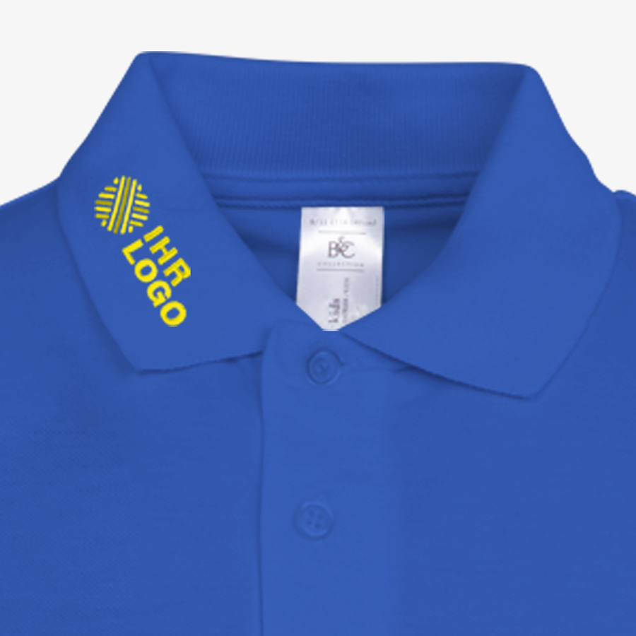 Basic-Poloshirt für Kinder in Royal Blue, mit individuell besticktem Kragen (rechts) in der Detailansicht