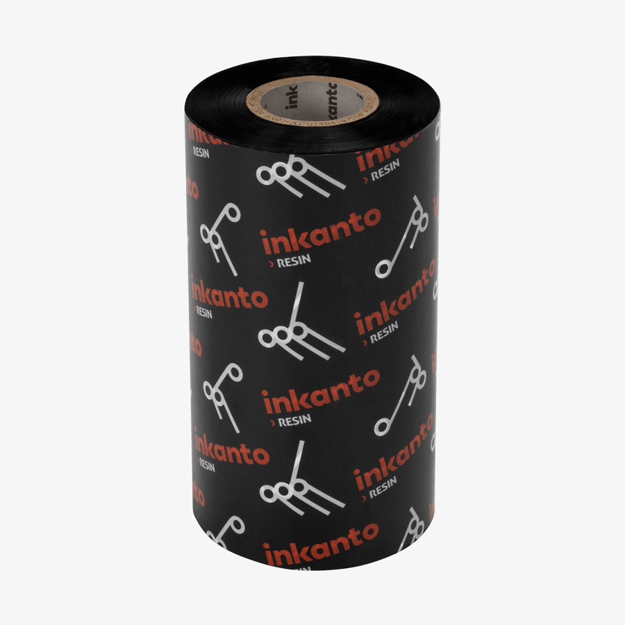 Schwarze Premium-Thermotransferfolie für Typenschild-Etiketten auf Rolle, stehend, im Format 110 mm x 300 m