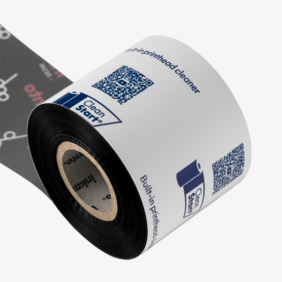Schwarze Premium-Thermotransferfolie für Typenschild-Etiketten auf Rolle, liegend, im Format 50 mm x 300 m