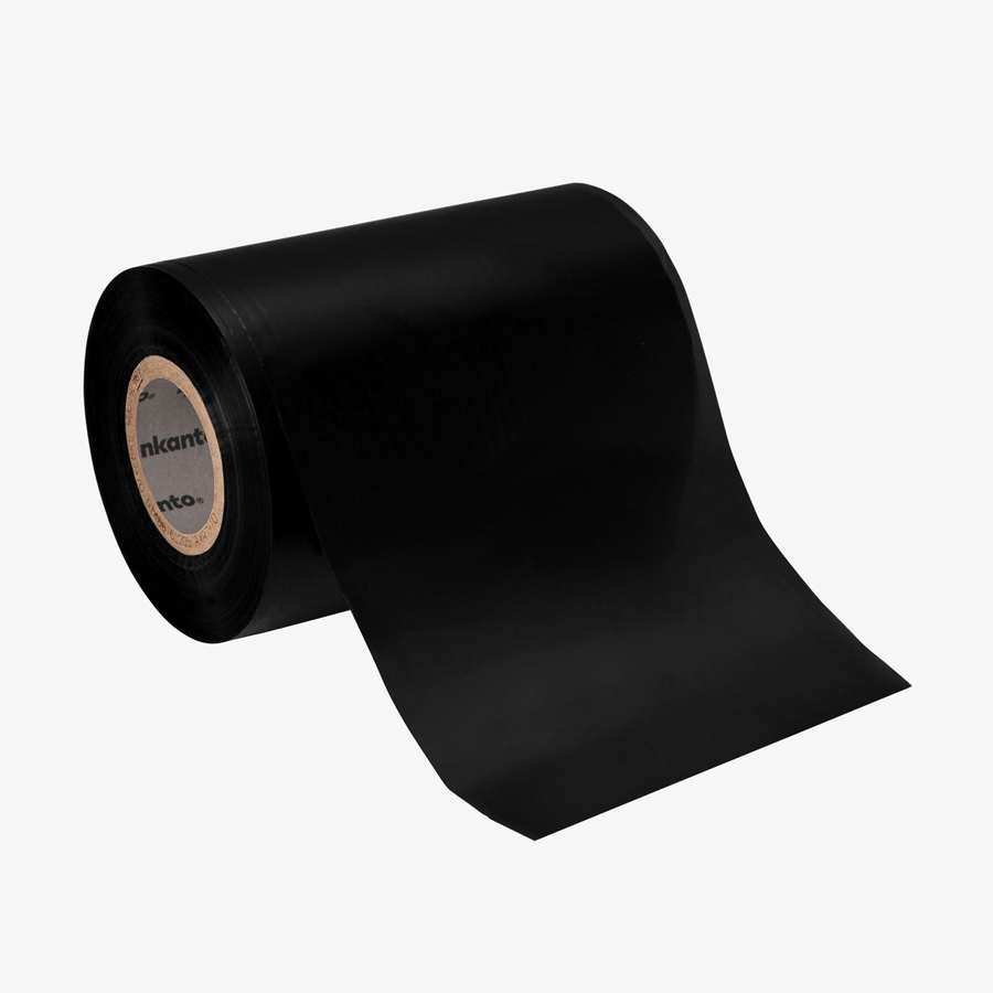 Schwarze Premium-Thermotransferfolie für Typenschild-Etiketten auf Rolle, liegend, im Format 80 mm x 300 m