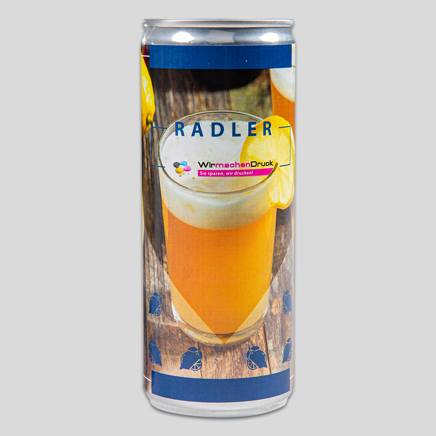 Frontansicht Aluminium-Getränkedose mit erfrischendem Radler, Folie individuell bedruckbar