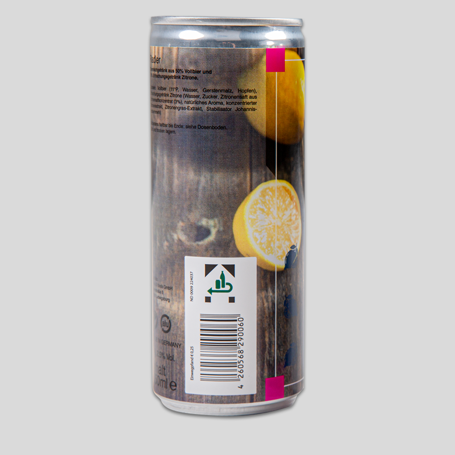 Rückseite einer individuell bedruckten Radler-Getränkedose