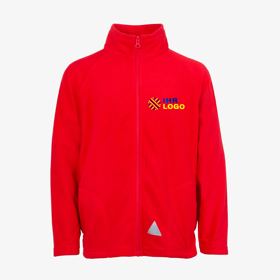Rote Fleecejacke für Kinder mit mehrfarbiger Stickerei und reflektierendem Detail