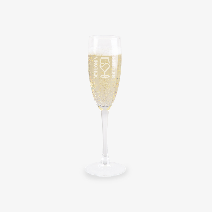 Gefülltes Sektglas mit individueller Gravur, ideal für Hochzeiten, Gastronomie etc.