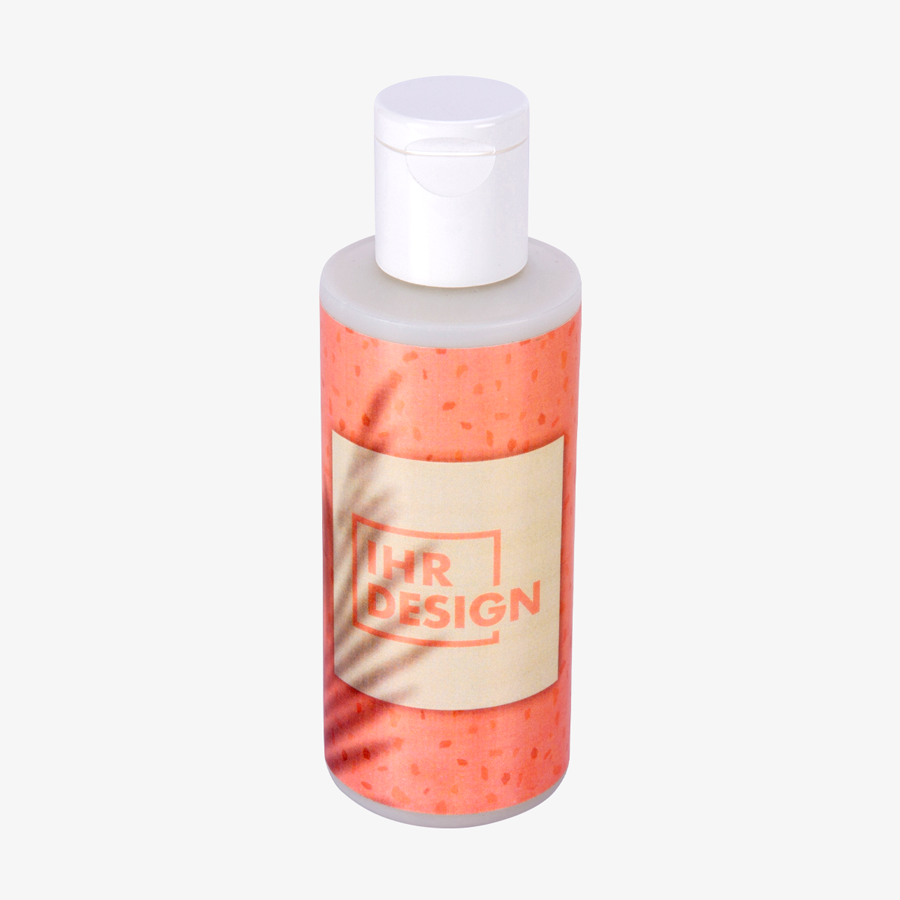 Individuell bedrucktes Shampoo in 100-ml-Flasche mit geschlossenem Klappdeckel, Vorderansicht