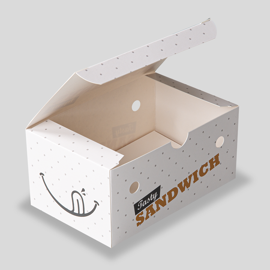 Offene Snack Verpackung mit Lüftungslöchern und praktischem Klappdeckel, 13,5 x 8 x 5,7 cm groß