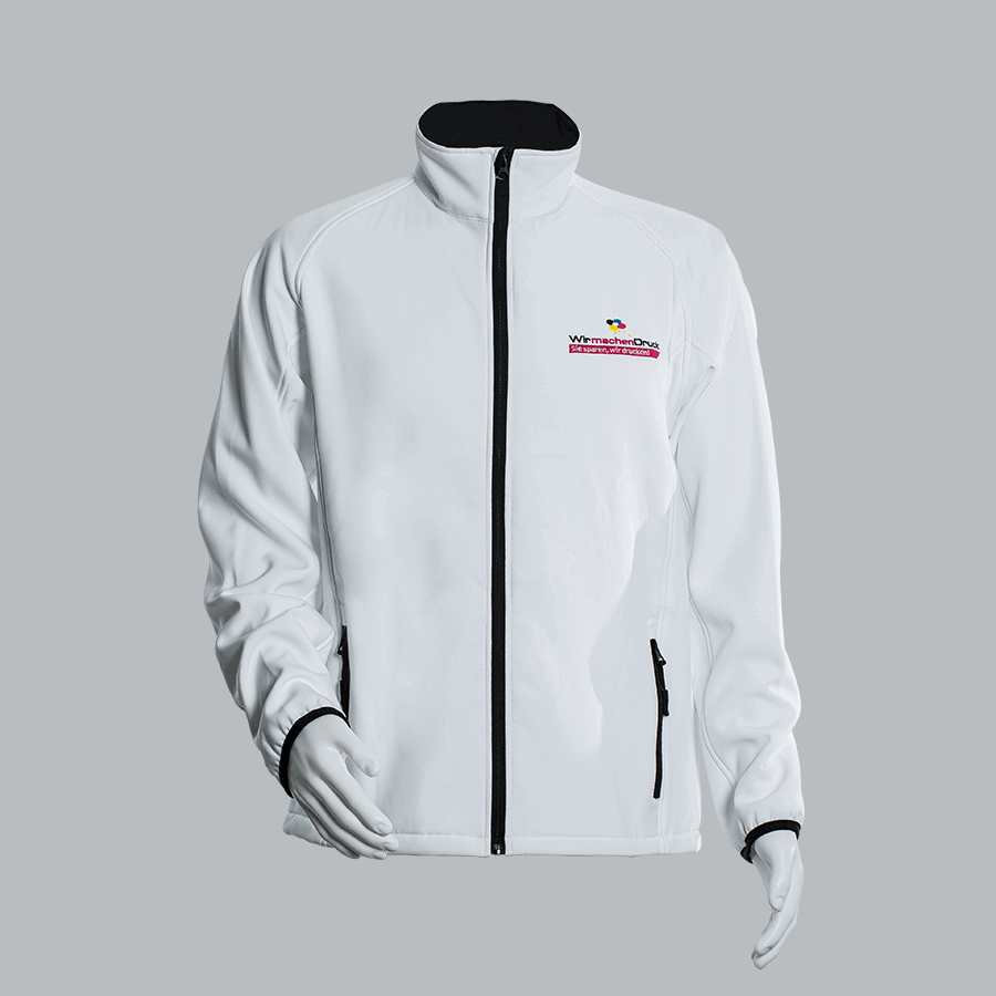 Weiße Softshelljacke mit mehrfarbiger Stickerei auf der Brust