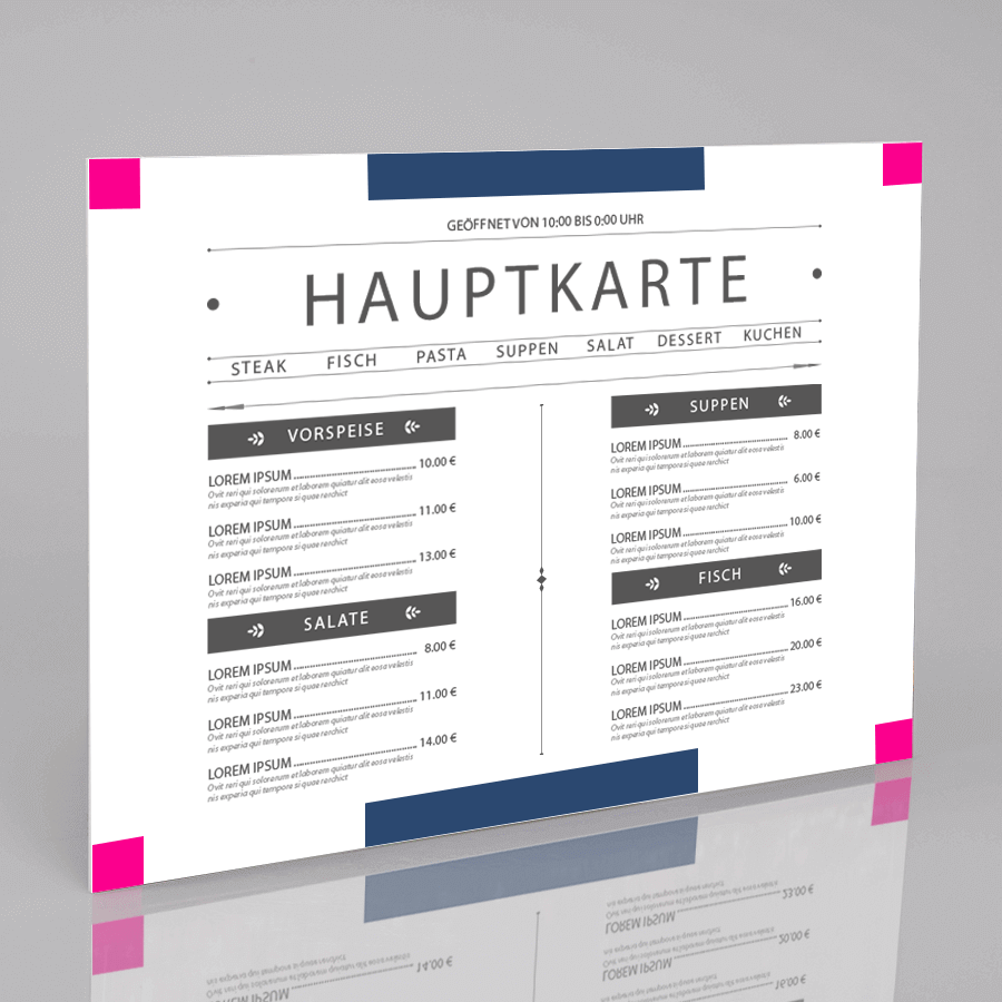 Speise- und Getränkekarte auf individuell bedruckter Platte