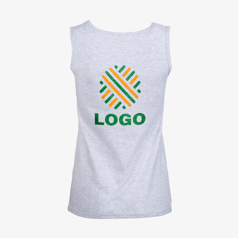 Graues Basic-Tanktop für Damen von Fruit of the Loom, 2-farbiger Siebdruck hinten