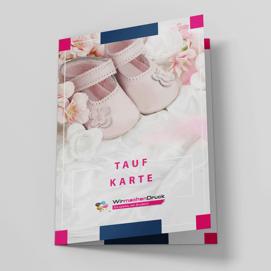 Frontalansicht einer geklappten Taufkarte im Hochformat mit 4/4-farbigem Druck