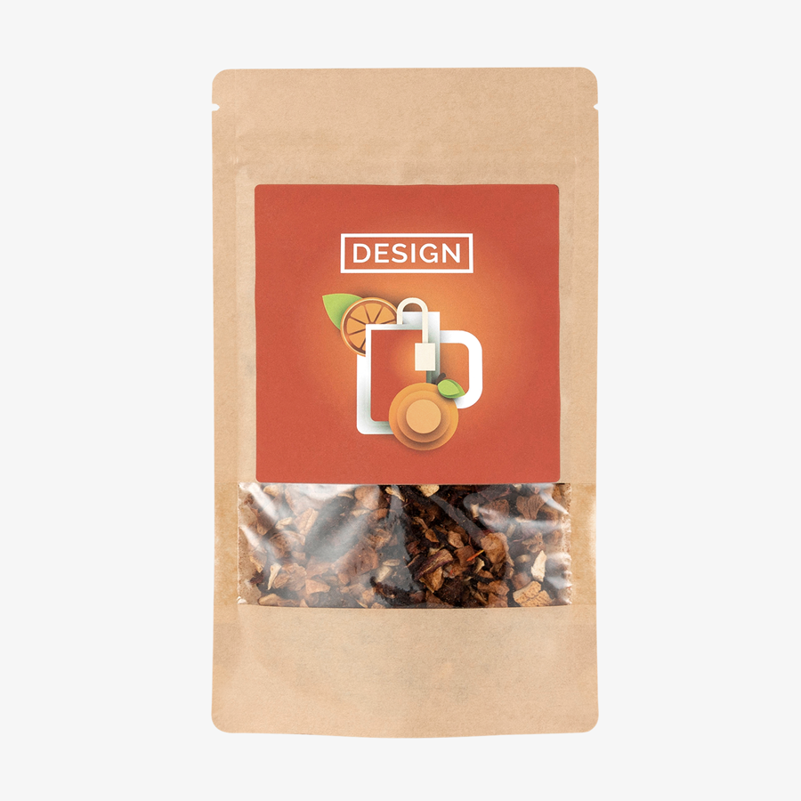 Früchtetee Orange, verpackt in naturbrauner Doybag mit eigenem Design