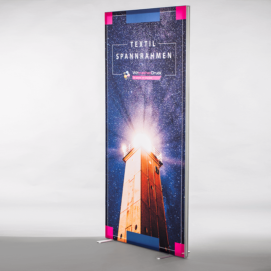 Voderseite Spannrahmen freistehend, Komplettset mit beidseitig und vollfarbig bedrucktem Textilbanner