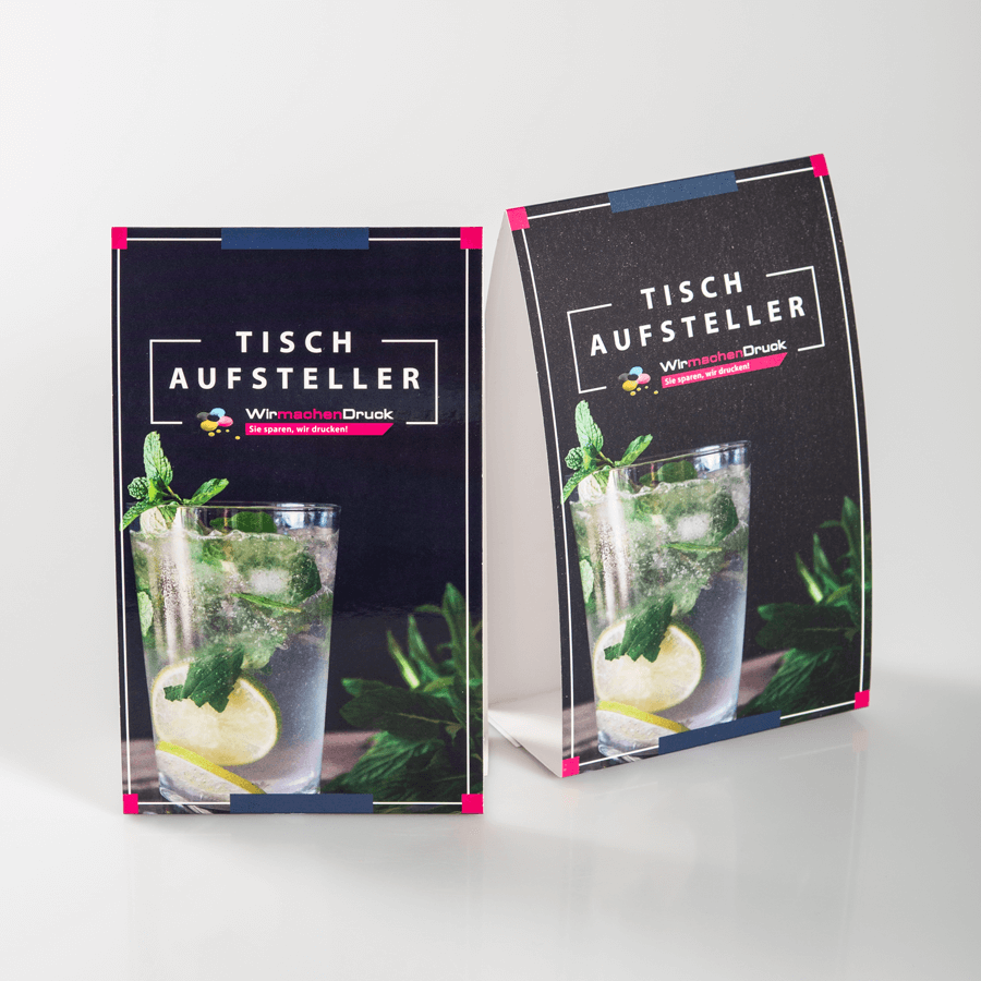 Zwei Tischaufsteller, Modell Basic, vollfarbig bedruckbar mit Ihrem Motiv