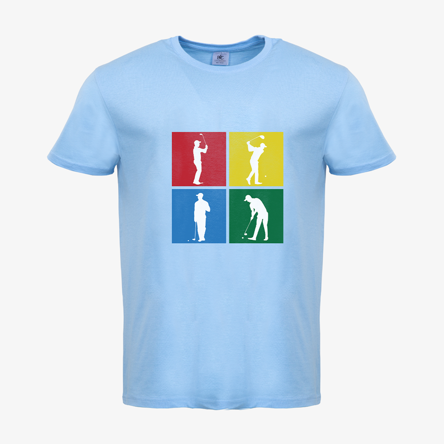 Hellblaues Basic-Herren-T-Shirt von B&C Collection mit Golf-Standardmotiv