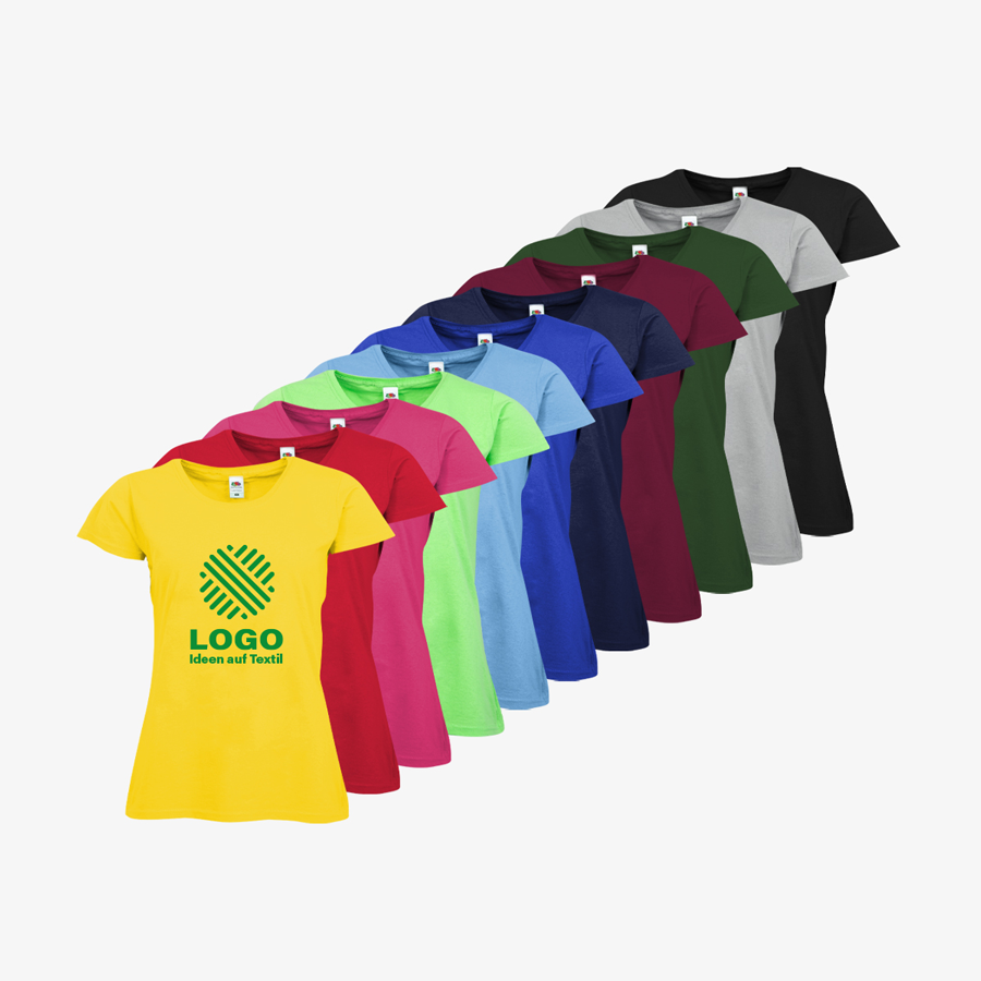 Viele bunte Damen-Budget-T-Shirts von Fruit of the Loom individuell bedruckt Vorderansicht