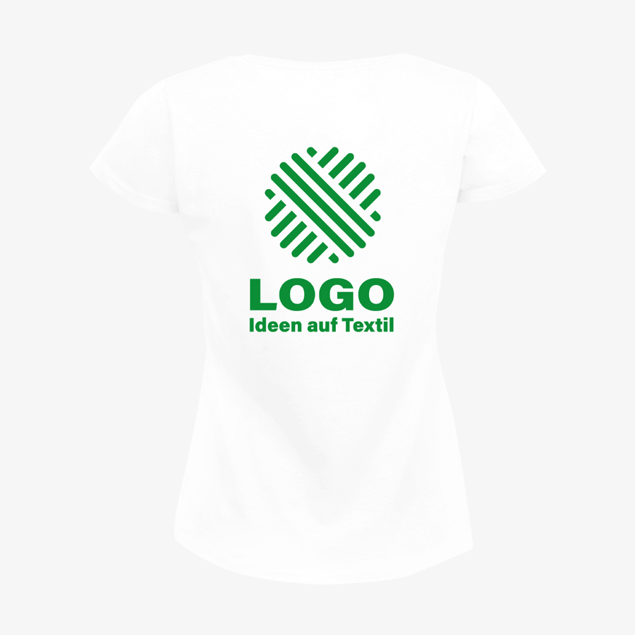 Weißes Damen-Budget-T-Shirt von hinten mit Wunschmotiv bedruckt