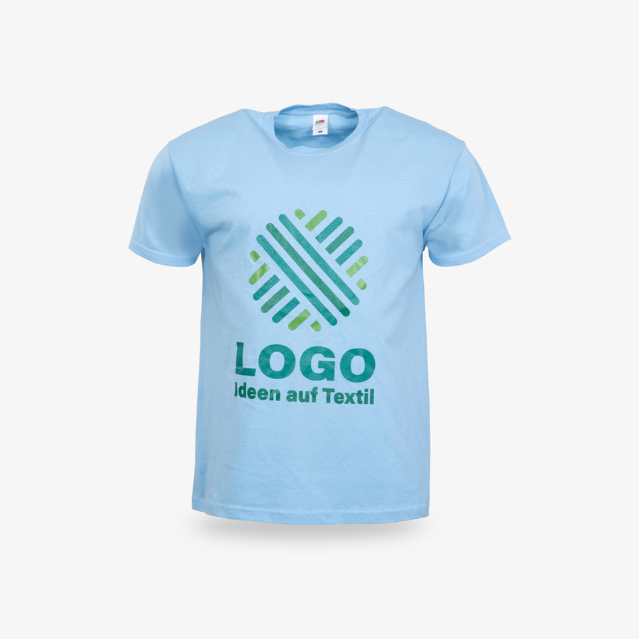 Hellblaues Budget-T-Shirt für Herren, mit Rundhalsausschnitt und digital bedruckter Vorderseite