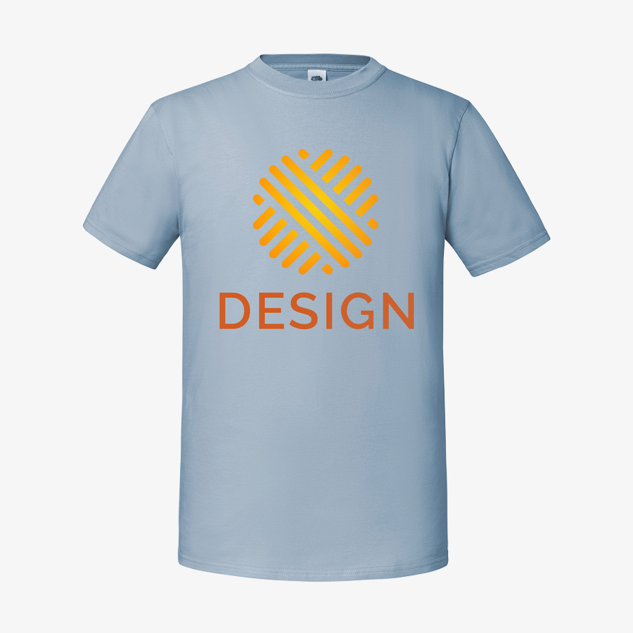 Ein T-Shirt für Herren von Fruit of the Loom im Premium-Modell in der Farbe Mineral Blue, auf der Vorderseite mittig per Digitaldruck bedruckt