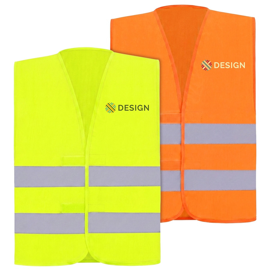 Warnwesten für Erwachsene als Unisex-Signalweste in Neongelb und Neonorange auf der Brust bedruckt