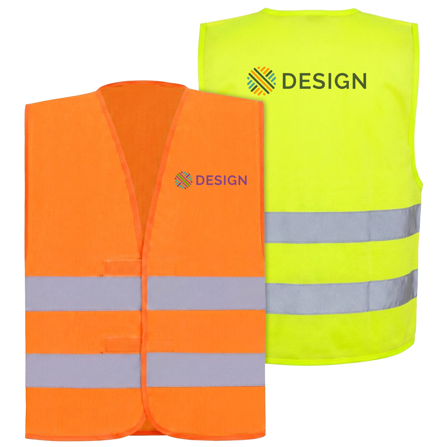 Unisex Signalweste in neonorange oder neongelb, Vorderseite und Rückseite bedruckt