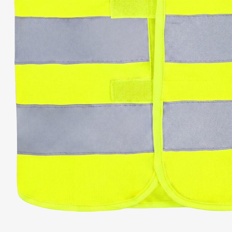 Detailaufnahme der Reflektorstreifen einer Unisex-Signalweste in Neongelb mit Klettverschluss