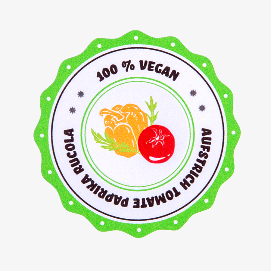 Veganer Aufkleber in freier Form, konturengestanzt und individuell bedruckbar