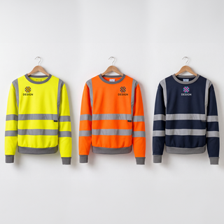 Drei bedruckte Warnschutz-Sweatshirts in verschiedenen Farben hängen an einer Wand