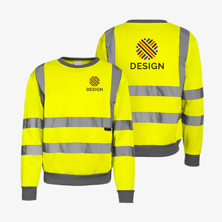 Vorderseite und Rückseite eines bedruckten Warnschutz-Sweatshirts in Neongelb
