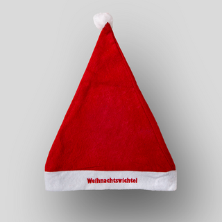 Vorderseite einer rot-weißen Weihnachtsmütze mit individueller Stickerei, aus robustem Polyester