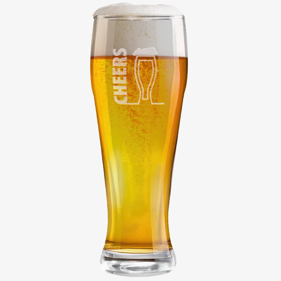 Gefülltes Weizenbierglas mit Füllstrich 0,5 l und teilflächiger Lasergravur, Frontalansicht