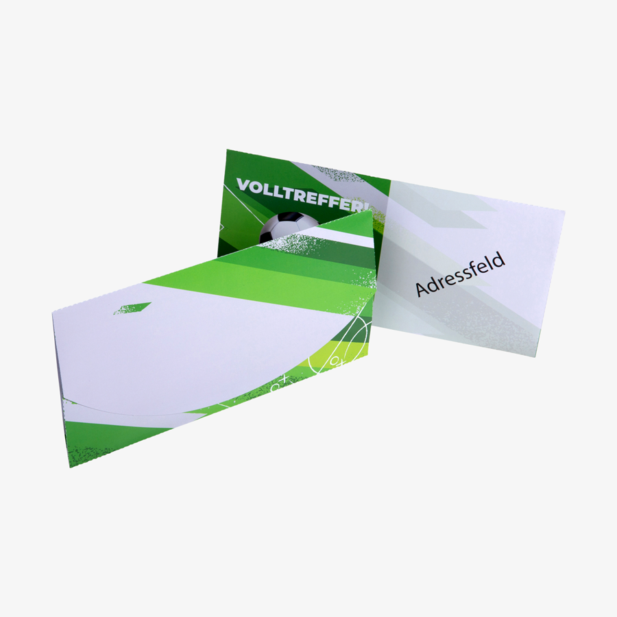 Selfmailer rund als Fußball-Mailing, geschlossen im praktischen Format DIN lang