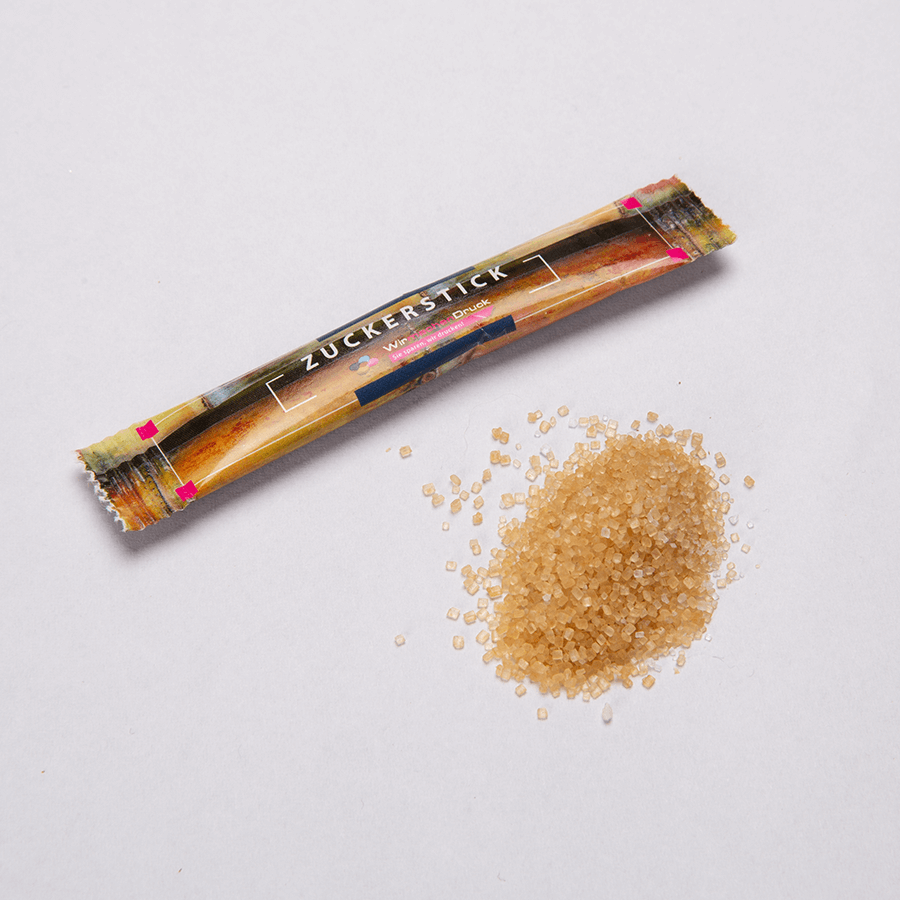 Zuckersticks mit 3,6 g braunem Rohrzucker, individuell bedruckbar auf 10 x 4 cm Fläche