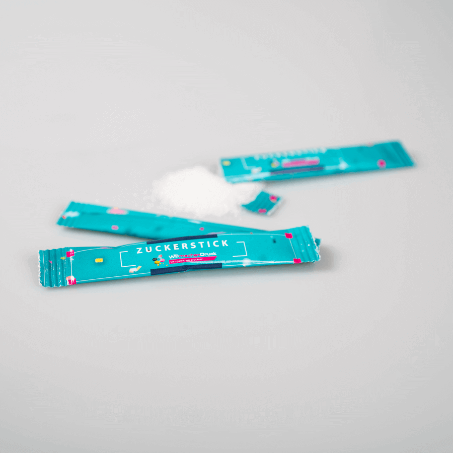 Individuell bedruckbare Zuckersticks mit 3,6 g weißem Feinzucker, 10 cm lang
